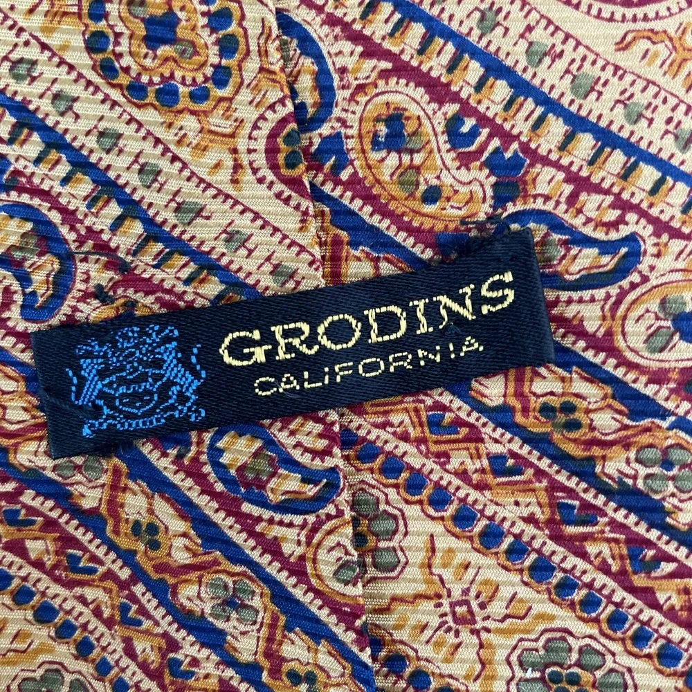 Vintage Pulitzer‎ Tie Makers Grodins Genuine 100% Silk Wide Yellow Paisley